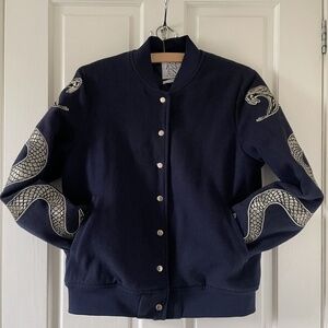Karssen Navy Blue Wool Bomber with Gold Snake Embellishment